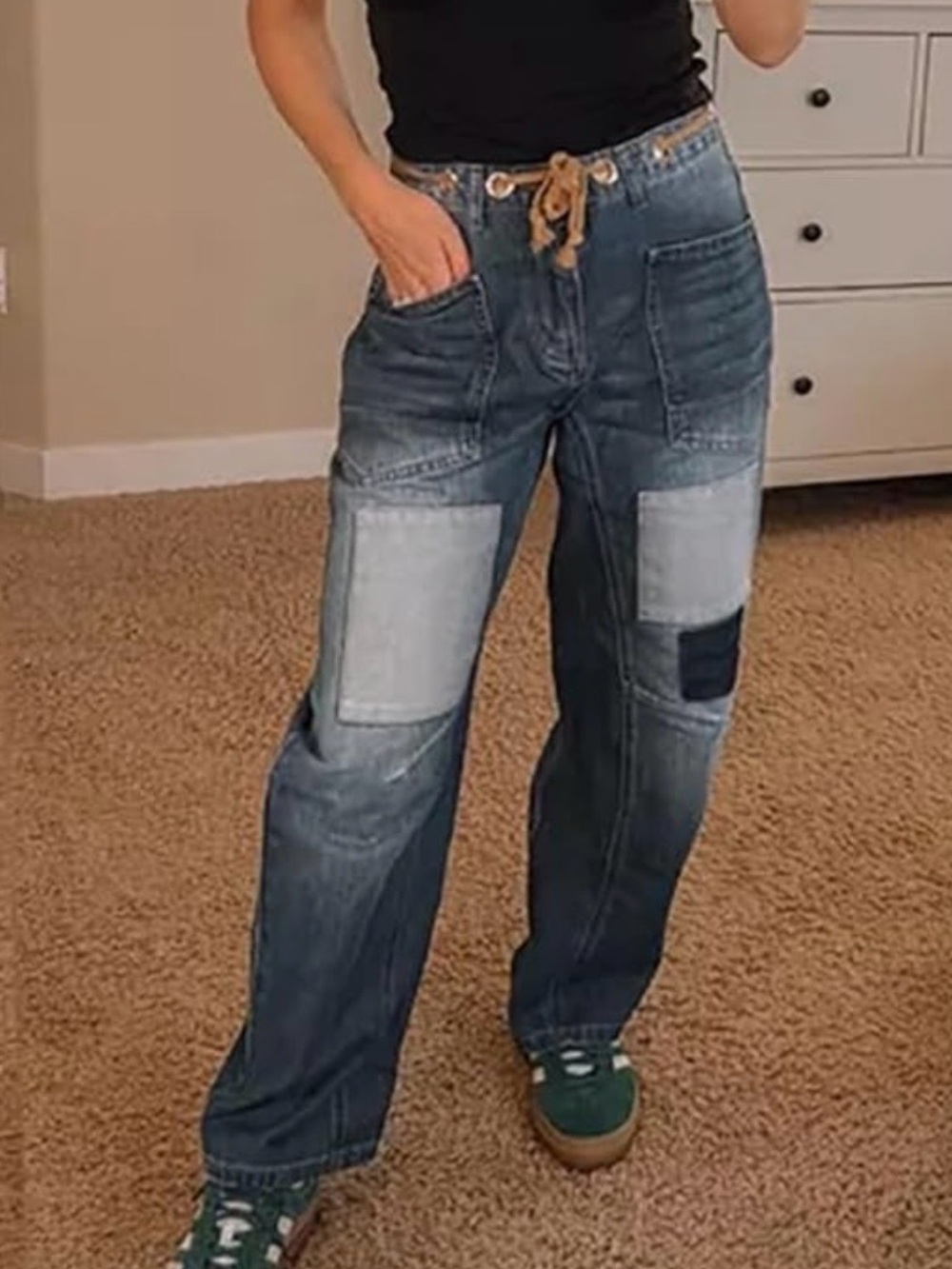 Patchwork Relaxed Denim Pants With Rope Belt - Picture 2 of 9